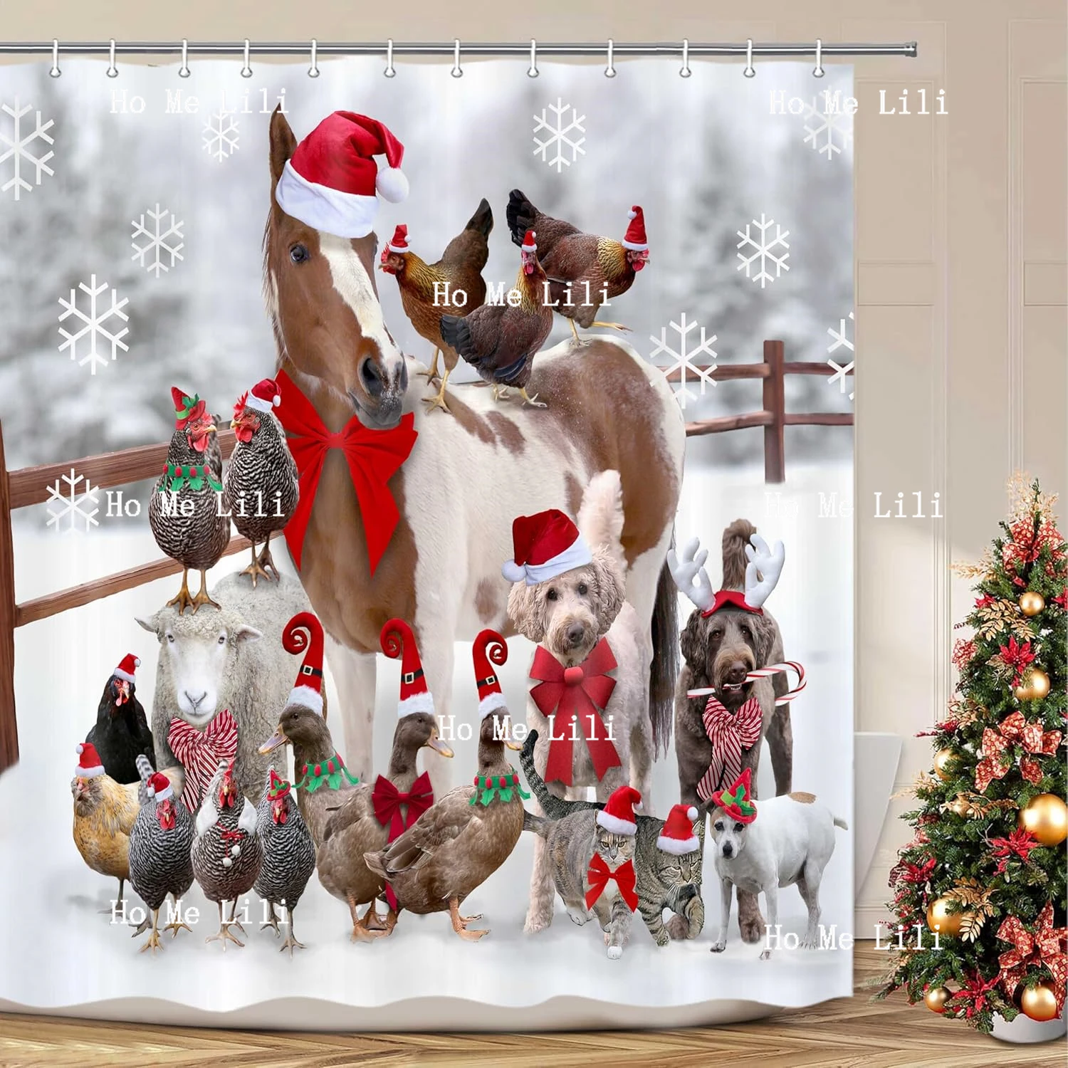 Christmas Winter Fabric Shower Curtain Set Decor Farmhouse Funny Animal Cute Horse Dog With Xmas Hat Cloth Bathroom Accessories