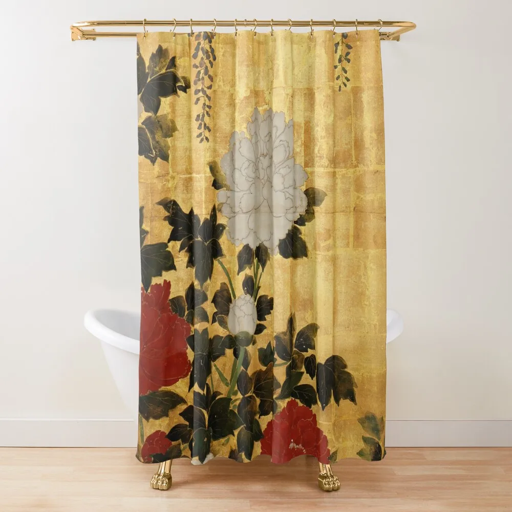 

Vintage Japanese Floral Gold Leaf Screen With Wisteria and Peonies Shower Curtain Cute Shower Window Curtain