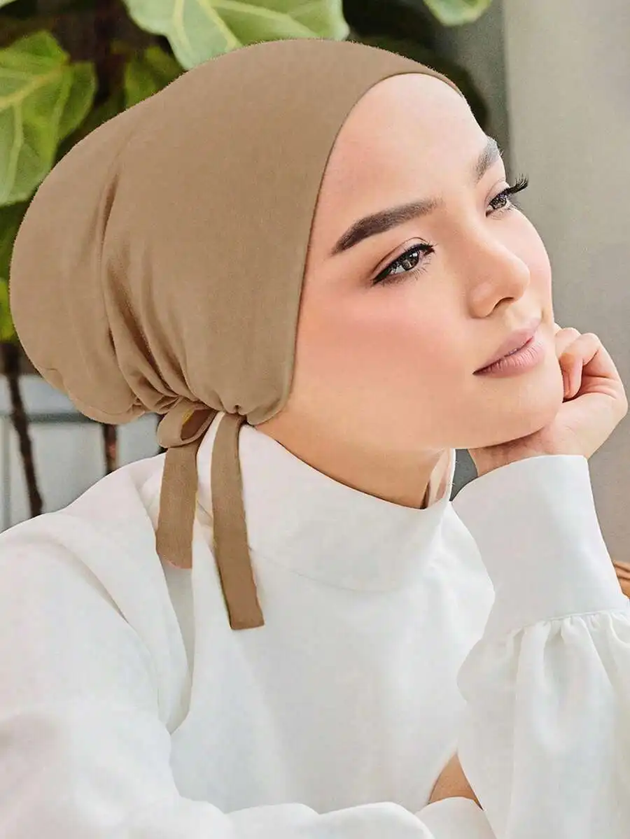 

Women Solid Color Elastic Drawstring Hooded Turban Headscarf Breathable Under Cap For Daily Wear