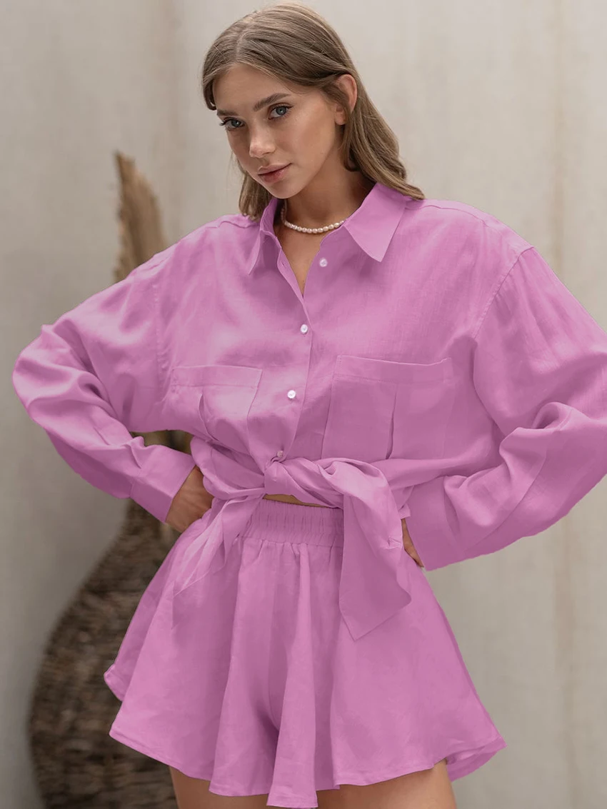 Marthaqiqi Winter Women Pajamas 2 Piece Set Turn-Down Collar Sleepwear Long Sleeve Nightgown Shorts Causal Ladies Nightwear Suit