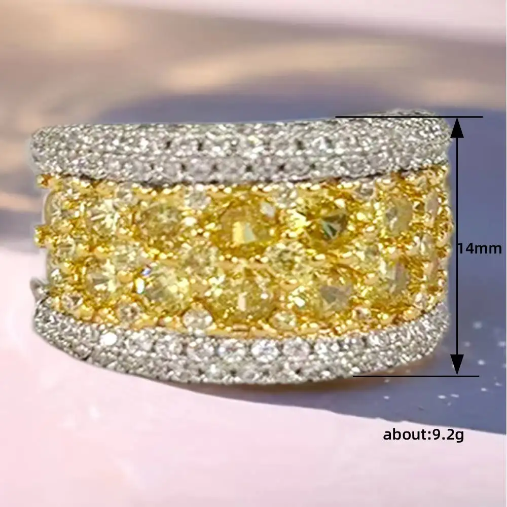 Huitan Damen-Ring in zwei Farben, schlichter Stil, eingelegt mit glänzendem gelbem Zirkonia, modisch, für Hochzeit, Party, vielseitiges Zubehör, Schmuck – Detail 1