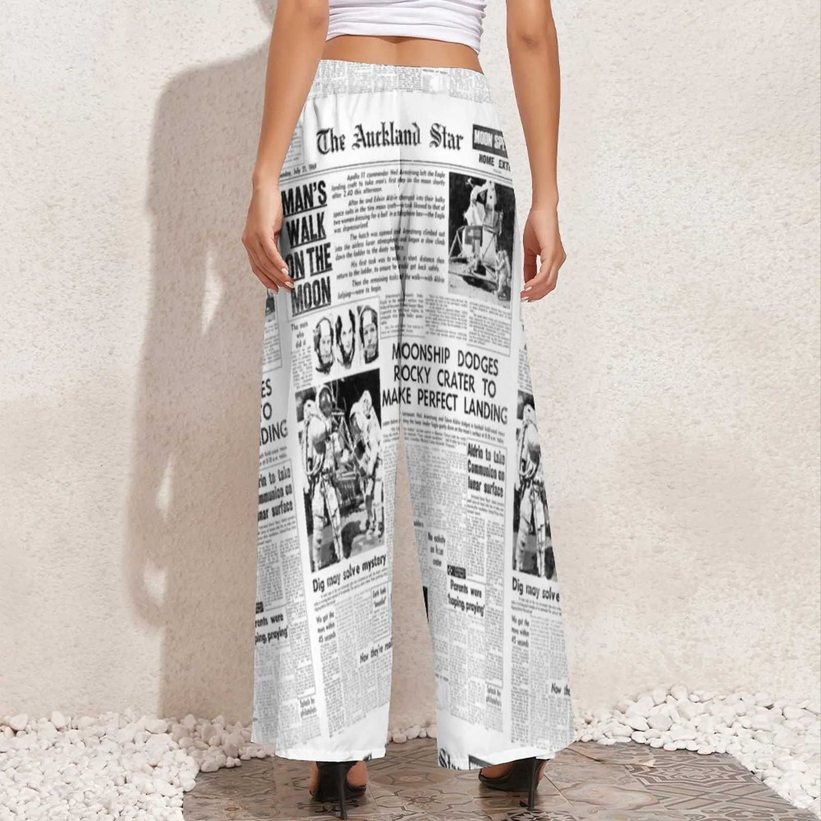 Newspaper Headlines Pants High Waist Oversize Historic Moon Landing Kawaii Trousers Summer Women Streetwear Print Wide Leg Pants