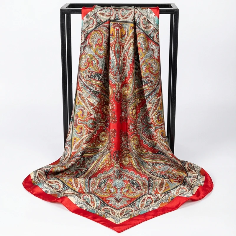 Luxury Satin Square Scarf for Women Muslim Hijab Elegant Paisley Print Silk Neckerchief Shawl Wraps Bag Handle Ribbon Hairband