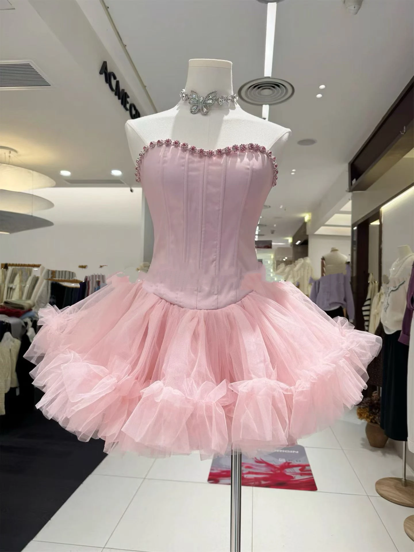 Damska Jesienno-Zimowa Sukienka Bez Ramiączek z Diamentami, z Fiszbinami w Talii, Rozkloszowana, z Bufiastym Tiulem, Seksowna Sukienka Bez Rękawów na Imprezę, Urodziny, Krótka Sukienka