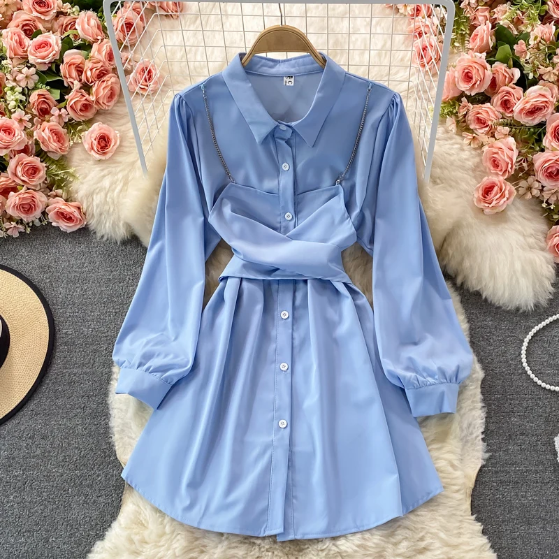 

2023 Autumn Korean Style Luxury Designer ElegantFake Two Piece Lace Up Waist Long Sleeve Polo Neck Dress for Women