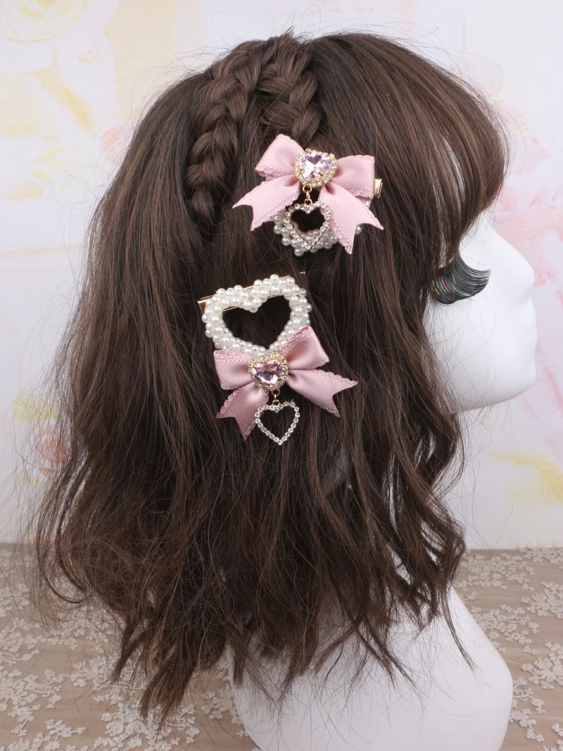 1 Pair Romantic Handmade Bow Hair Clips Lolita Pearl Heart Loria Bow Hairpins Hair y2k Accessories Jirarkei Ribbon Decor