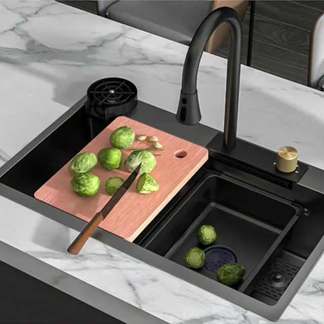 

304 Stainless Steel Double Vessel Kitchen Sink with Digital Display Piano Button Waterfall Wash Sink Stainless Faucet