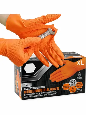 Heavy Duty Orange Nitrile Gloves 8Mil Industrial Disposable Gloves with Diamond Textured Grip for Mechanic Safety & Work Gloves