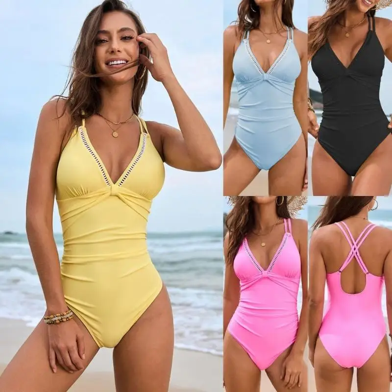 

Women 1 Pc Swimsuit Ladies Double Straps Swimwear Push Up Swimming Suit Female V-Neck Bathing Suit for Beachwear