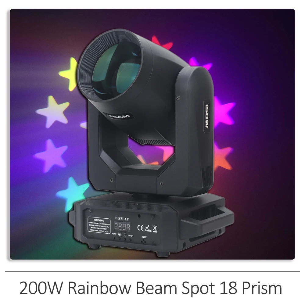 YUER 200W LED Beam Spot Moving Head Light With Rainbow 18 Prism Effect DMX DJ Bar Club Party Lighting Indoor Stage Effect Lamp