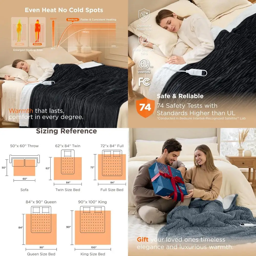 

Full Size Electric Blanket - 6 Heat Levels, 10 Timer Options, 8-Hour Auto-Off, Soft Flannel for Grandma (72x84, Black)