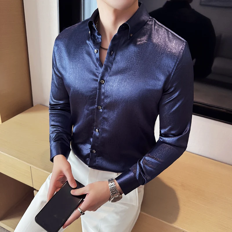 

Мужские рубашки в Корейском стиле с имитацией уксусной кислоты, рубашки из крокодиловой кожи для мужчин, модные элегантные мужские рубашки-смокинги с длинными рукавами, облегающие 4XL