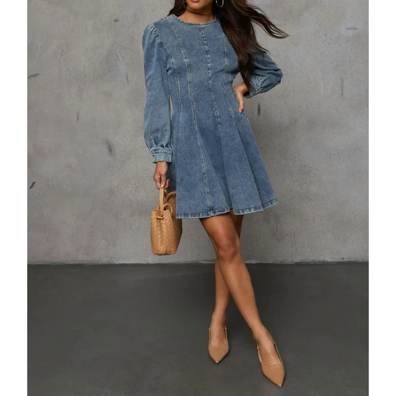 

2025 Autumn, Elegant Temperament Splicing Waist Women's Denim Long-sleeved Dress