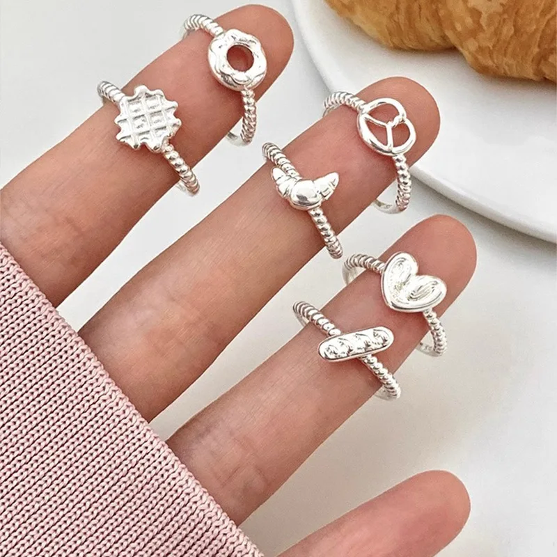 Anillos bonitos y juguetones de plata de ley con forma de galleta en forma de pan para mujeres y niñas, accesorios de joyería coreana, regalos al por mayor