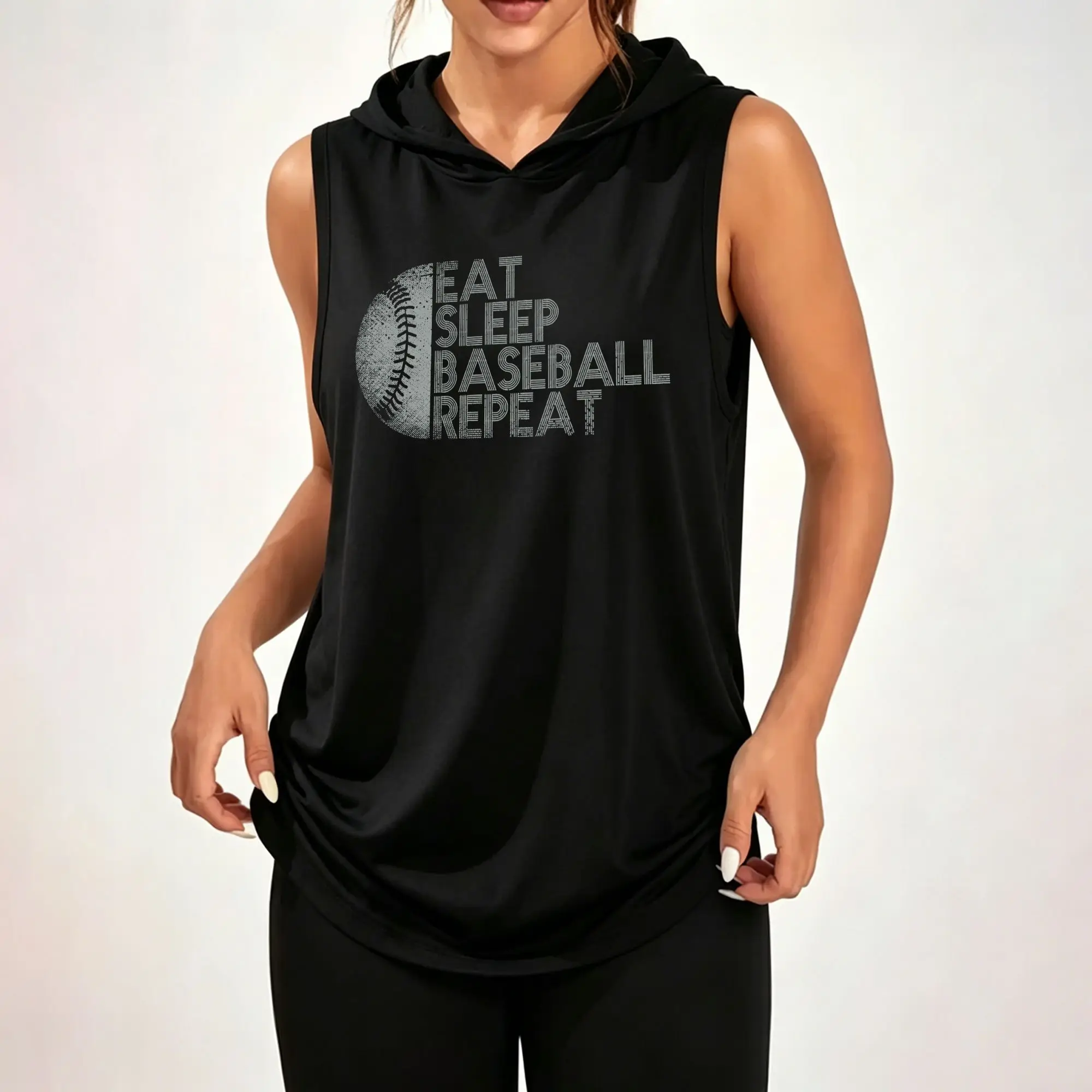 Women Sleeveless Hooded Tank Top, Vintage Distressed Eat Sleep Baseball Repeat Baseball Graphic Print Casual Loose Hooded Sleeveless Top ****