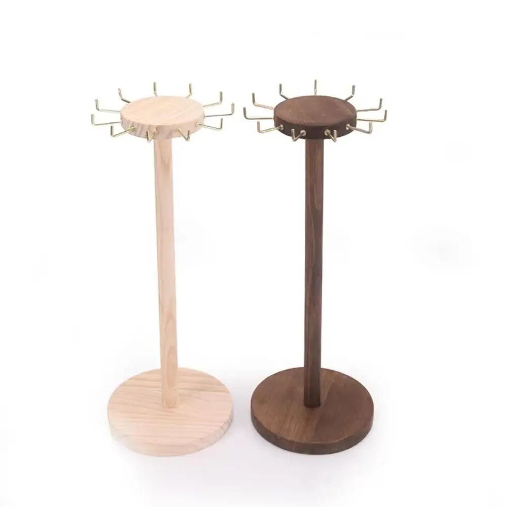 Display Stand Jewelry Organizer Solid Wood Pendant Bracelets Necklace Earrings Holder With 12 Hooks Round Jewelry Storage Rack