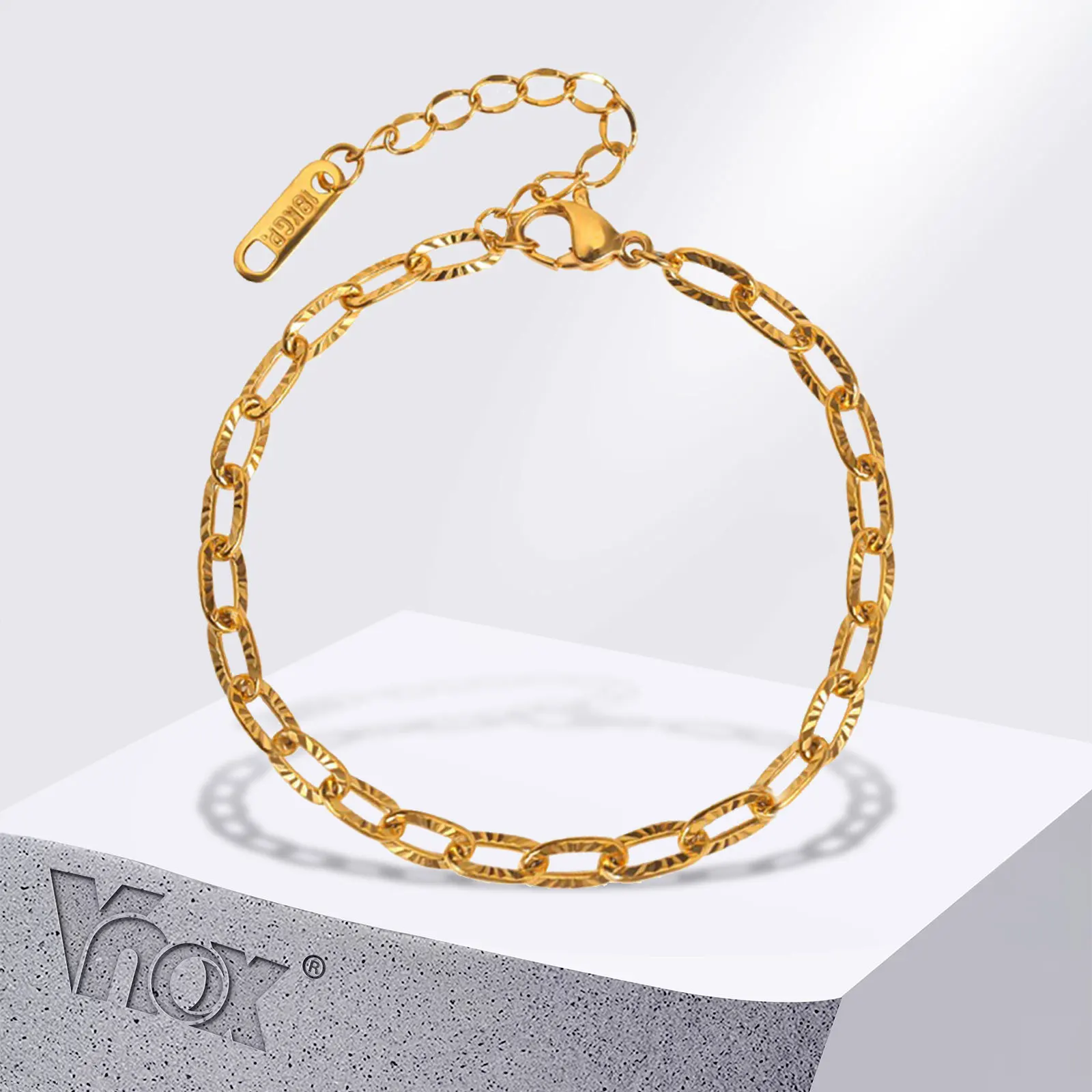 Vnox Stylish Rays Stamped Rectangle Chain Bracelets for Women Men, Paperclip Links Wristband, Minimalist Streetwear Jewelry