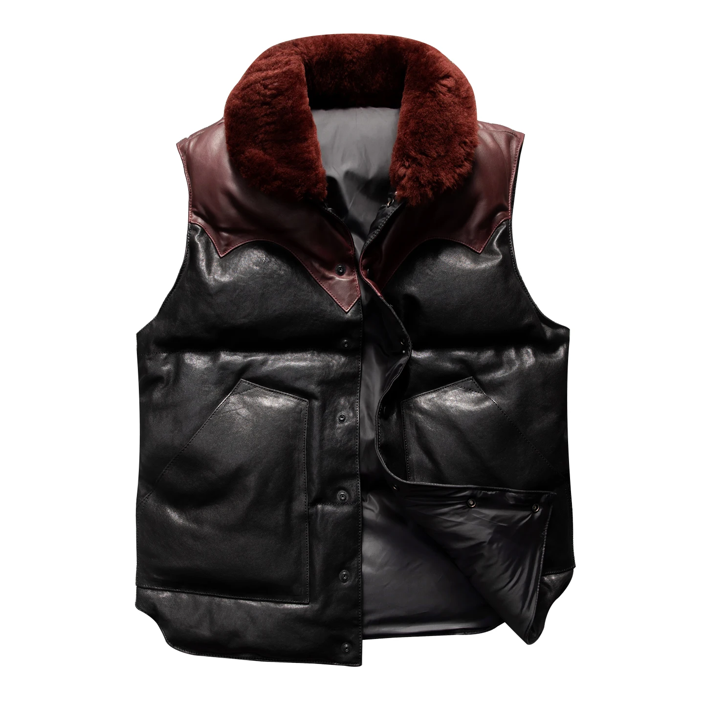 

Black Winter Leather Down Vest Men Casual Style Plus Size 5XL Genuine Natural Sheepskin Thick Warm Single Breasted Spliced Vest