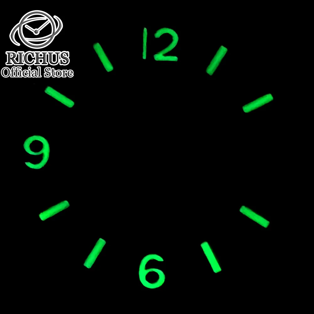 RICHUS 29mm NH35 esfera del reloj verde luminoso negro azul verde cara ajuste NH35 movimiento ajuste 3 en punto corona 3,8 en punto corona