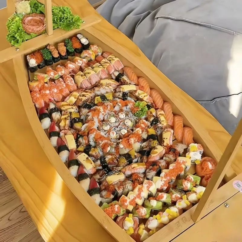 Bamboo sushi boat sashimi boat, Japanese seafood decoration table plate for dragon boat platters that can hold dry ice view 2