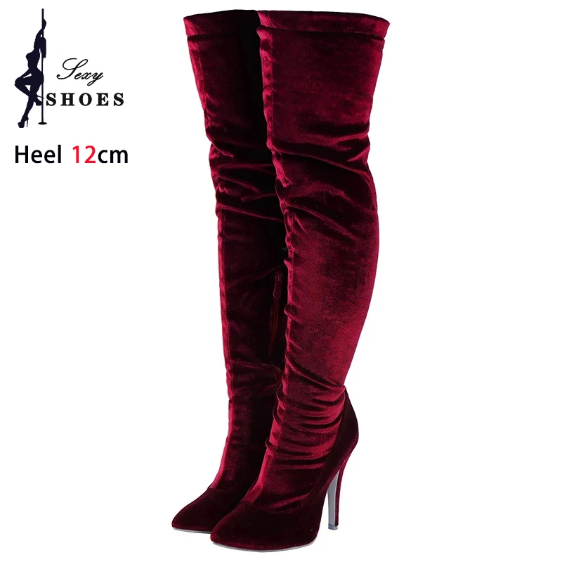 Velvet Long Boots For Women 2024 New Spring Autumn Over Knee Shoes Lady Pointed Toe Stiletto Heels Plus Size Elastic Thigh Boots