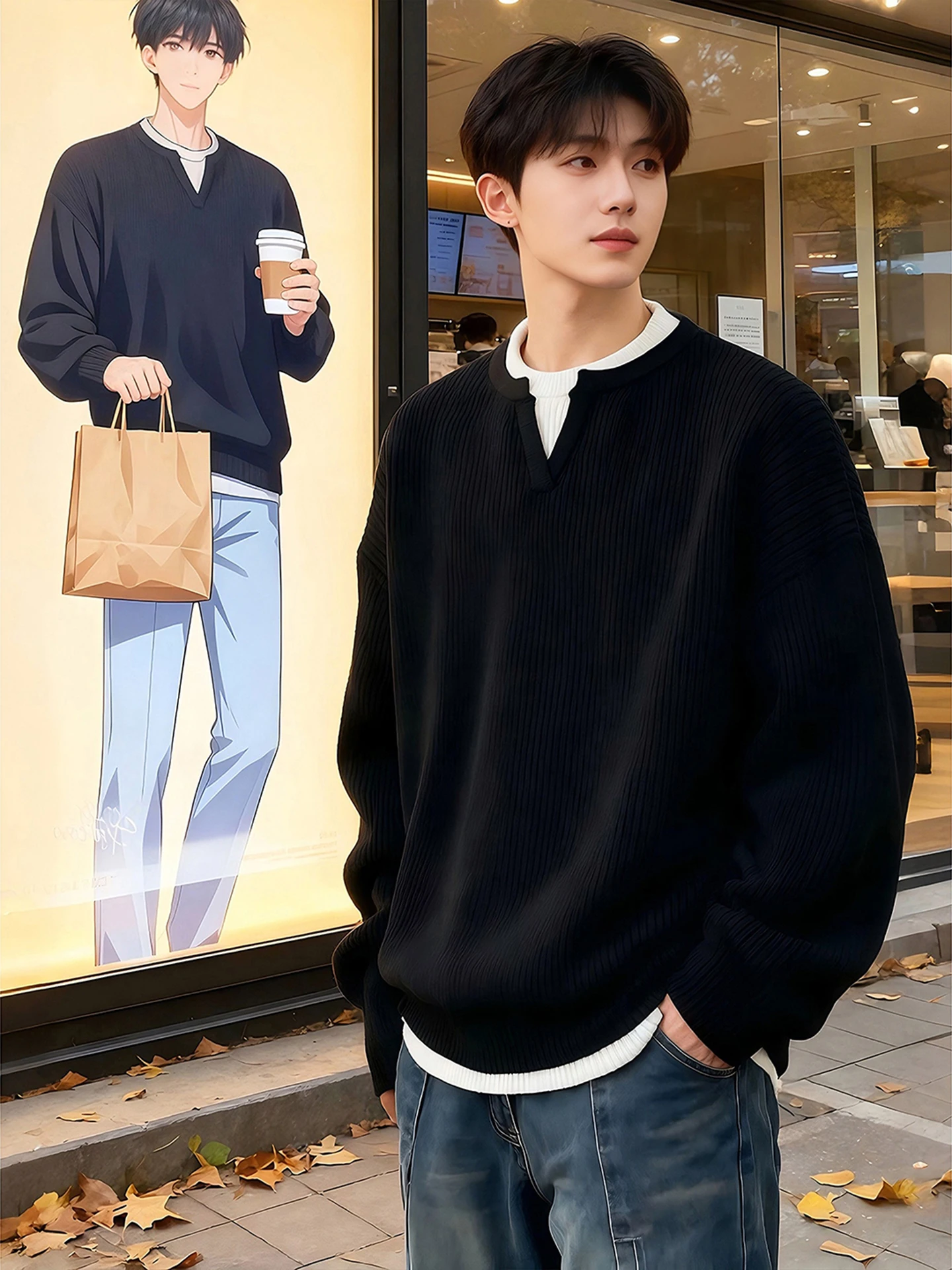 

Bla V-Ne Knitted Sweater Men's Sle Autumn Winter Korean Lazy Sle Teenage Warm Inner Wear Top CleanFit Loose Fit Long ...