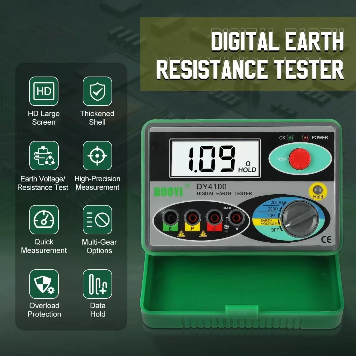 

Digital Earth Ground Resistance Tester 0-2000 Ohm with Quick Response, Overload Protection, and AC Ground Voltage Meter