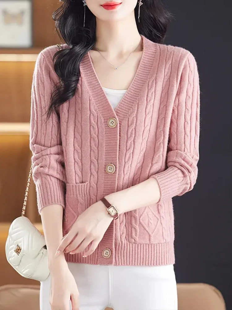 

Весенне-осенний свободный вязаный открытый кардиган с v-образным вырезом, женский модный свитер на одной пуговице, модный джемпер для поездок на работу