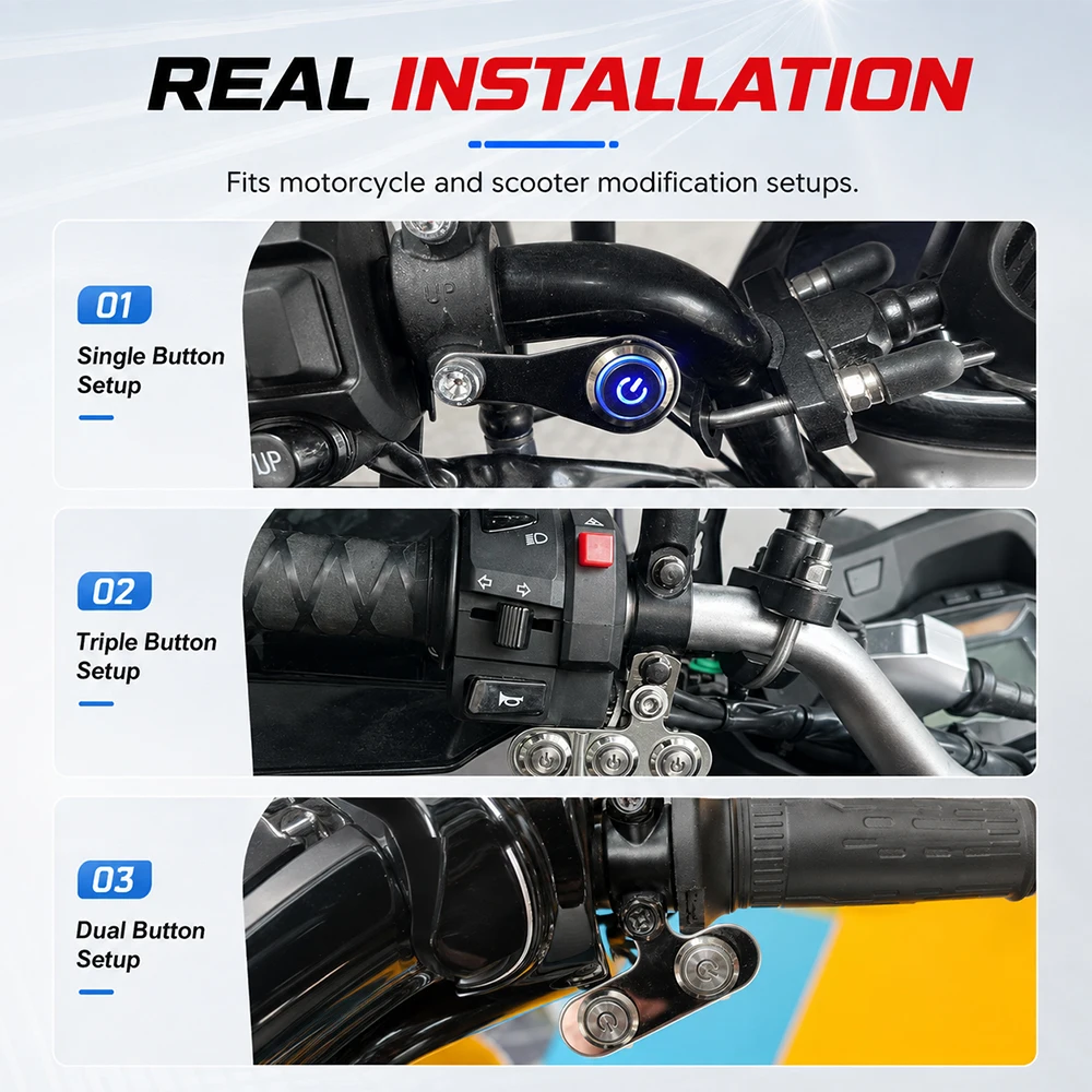 Blue LED Motorcycle Handlebar Switches - 12V Stainless Steel with Fog Light Control Button, Fit for Street Touring Bikes