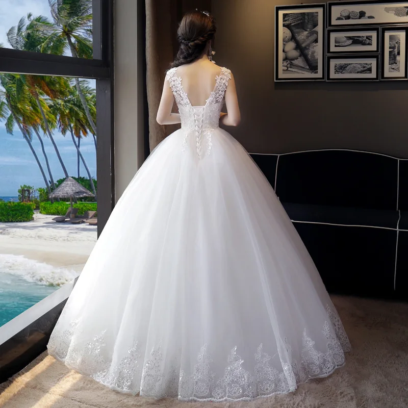 Elegant Laceชุดแต่งงานTulleคลาสสิกVคอแขนกุดVestido De Noiva Elegant SimpleยาวRobe Mariage Femme Plusขนาด