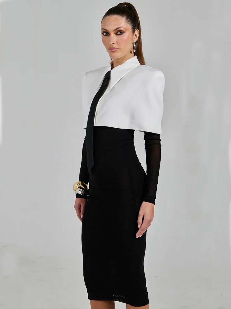Abito longuette da donna sexy con spalle scoperte e maniche lunghe con design a grembiule bianco Abito aderente patchwork Abito da sera formale