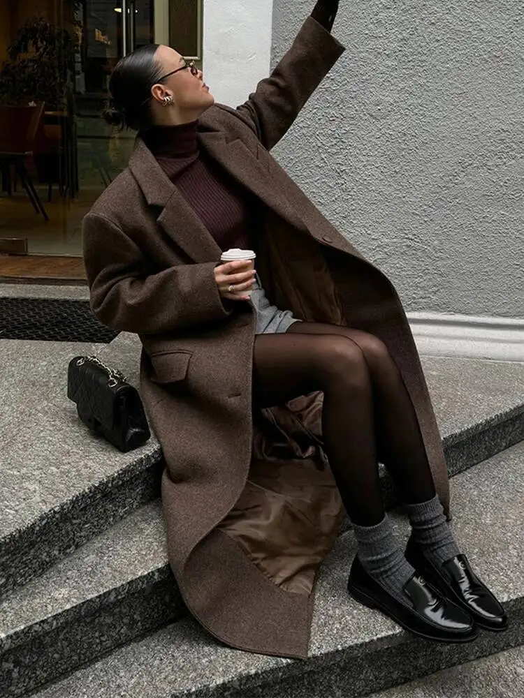 

Women Elegant Shoulder Pad Wool Blend Overcoat Brown Lapel Single-Breasted Long Sleeve Coat 2025 Autumn Lady Commuter Outerwear