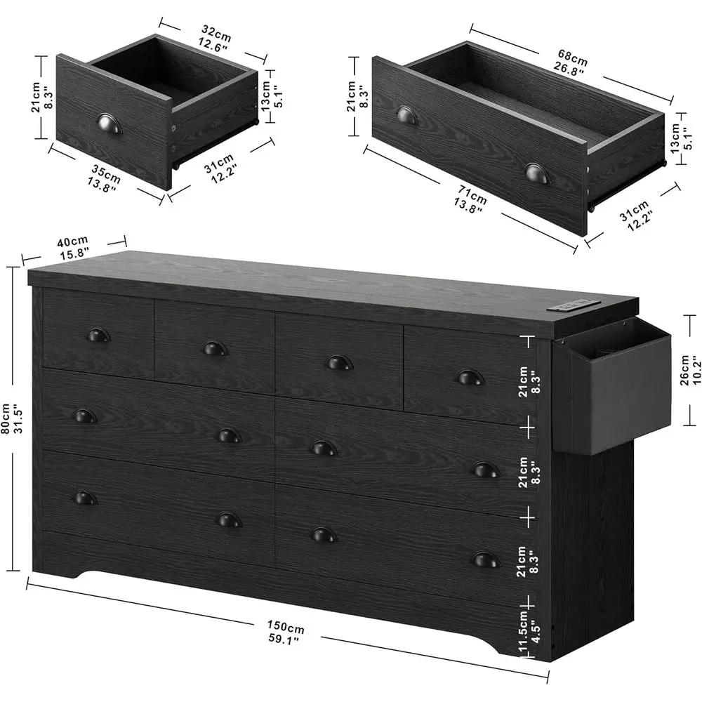 Cômoda DAFIFY com 8 gavetas com estação de carregamento e bolsa de armazenamento, baú de madeira para quarto, sala de estar, corredor e entrada, preta