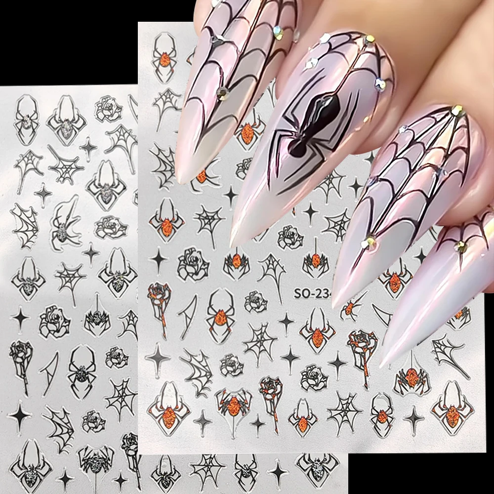 Black Red Spider Nail Art Stickers Halloween Nail Decals Spider Web 3D Self-Adhesive Slider for Manicure Decoration Sticker