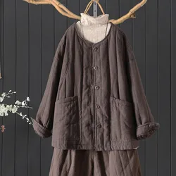 High Quality Cotton Linen Thick Jacket Women New 2024 Autumn Vintage Style Solid Color Loose Female Quilted Outerwear Coats M079