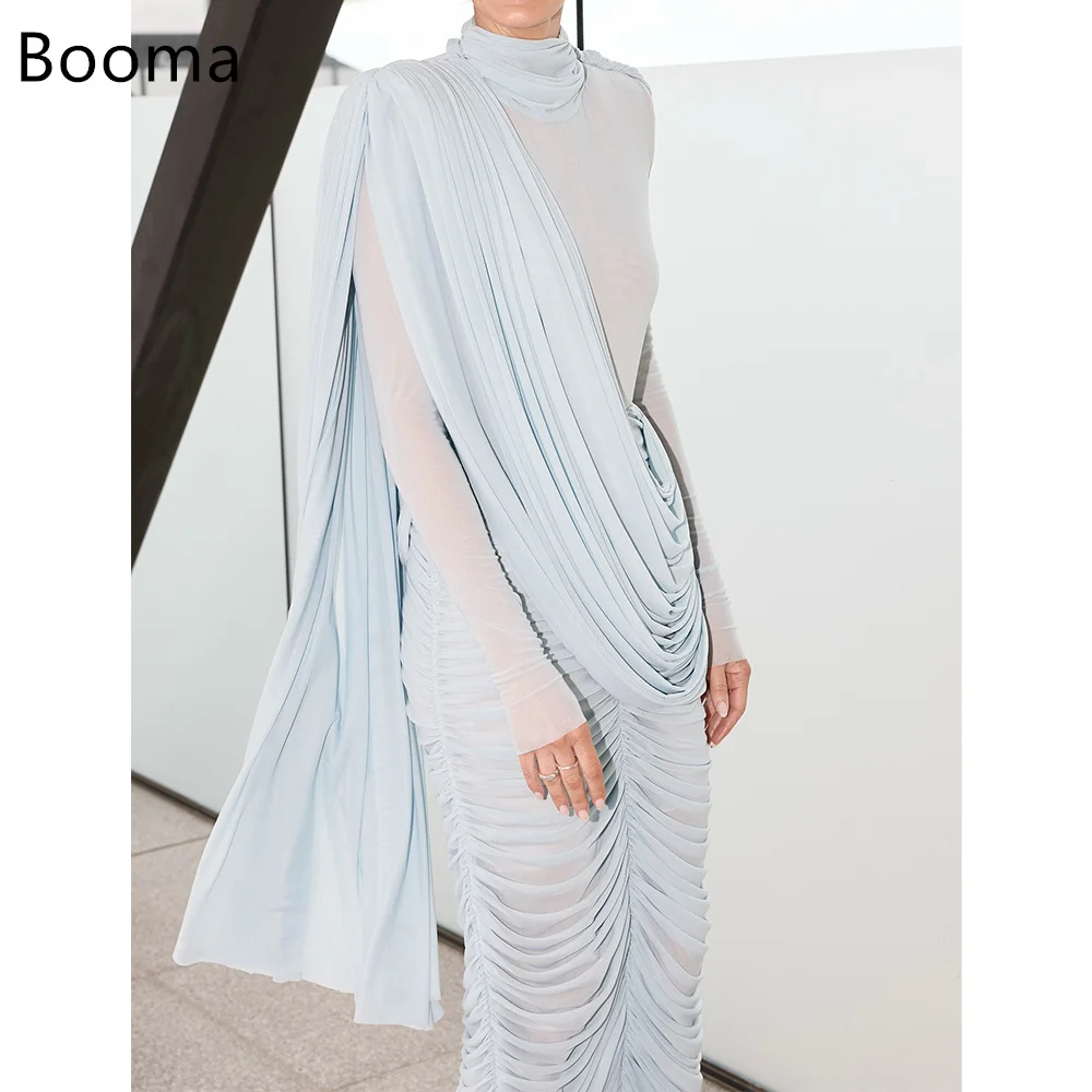 Booma a-line مطوي شيفون رقبة عالية فساتين سهرة بسيطة بأكمام طويلة فساتين رسمية للنساء فساتين حفلات أنيقة مصنوعة حسب الطلب