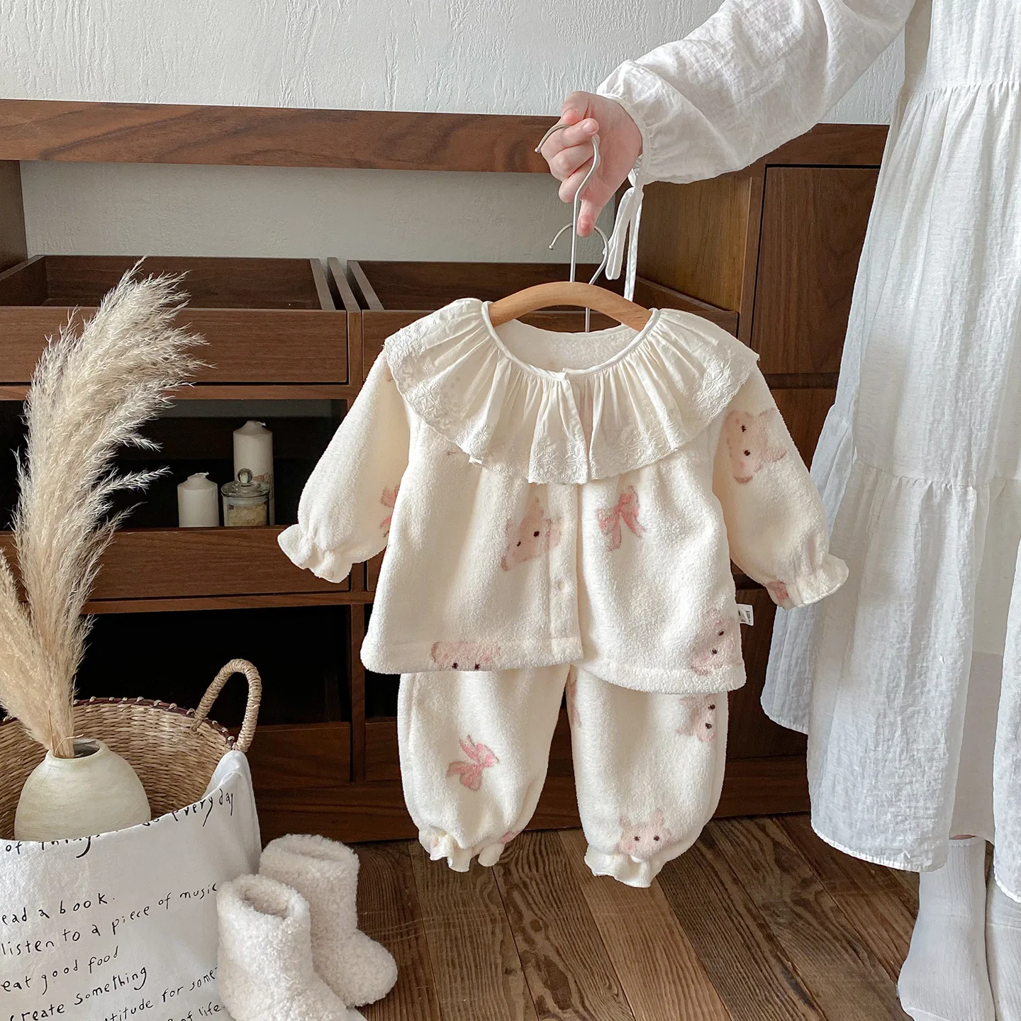

New Winter Kid Baby Girl 2PCS Set Peter Pan Collar Cartoon Printed Toddler Girl Top+mid Waist Newborn Infant Girl Pant Sleepwear