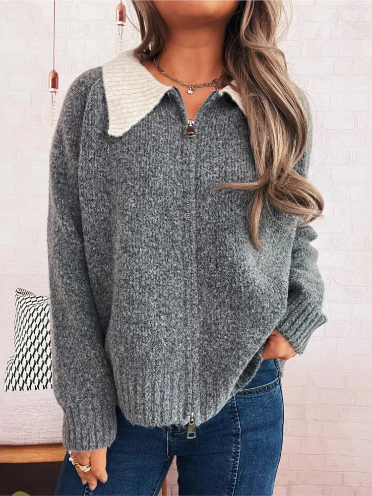 

Осенне-зимний милый кукольный воротник контрастного цвета, кардиган на молнии с длинными рукавами, женский простой однотонный повседневный свитер