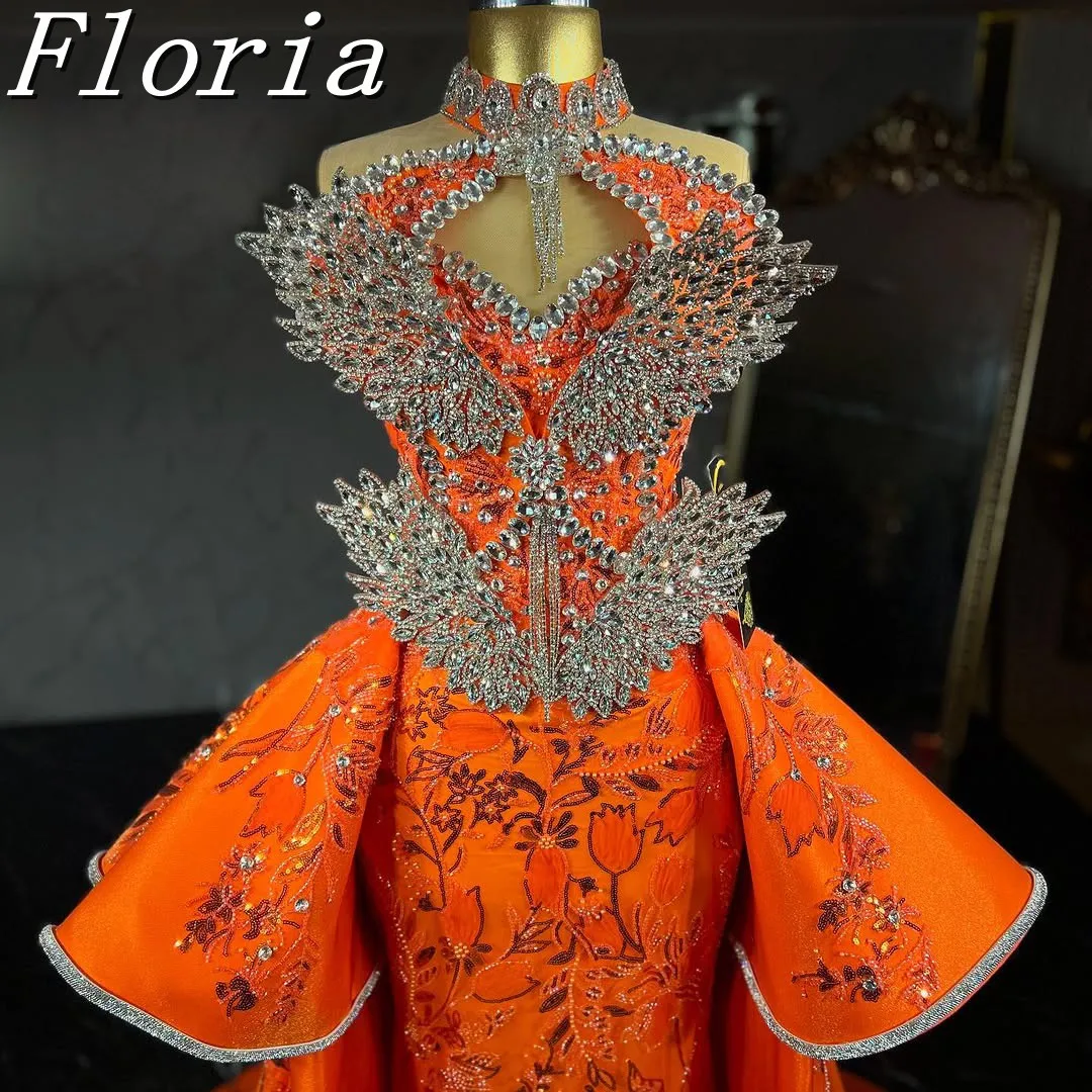 

2025 New Fashion Orange Princess Crystals Mermaid Prom Dresses Anne Neck Short Sleeves Maxi Party Dress Customized