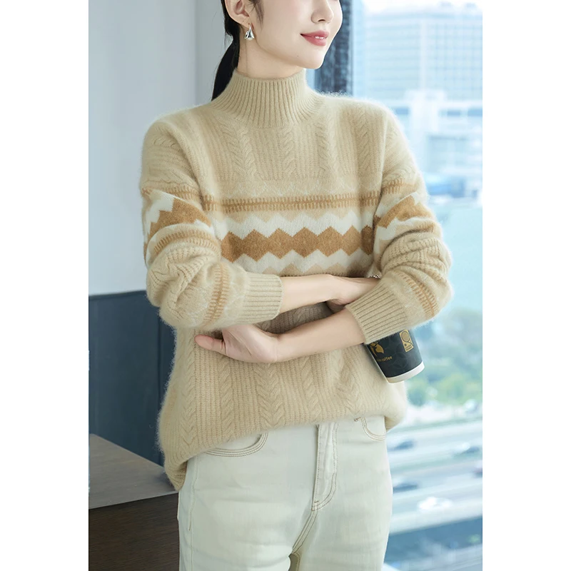 Thickening 100% Wool Polychrome Knitted  Winter Women's Sweater Warm Pullover Traffic For Female 2024 New