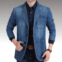 Winter Denim Blazers Jacket Men Casual Slim Pocket Splicing Outwear Coats Male Autumn Single-Breasted Business Blazers Jacket