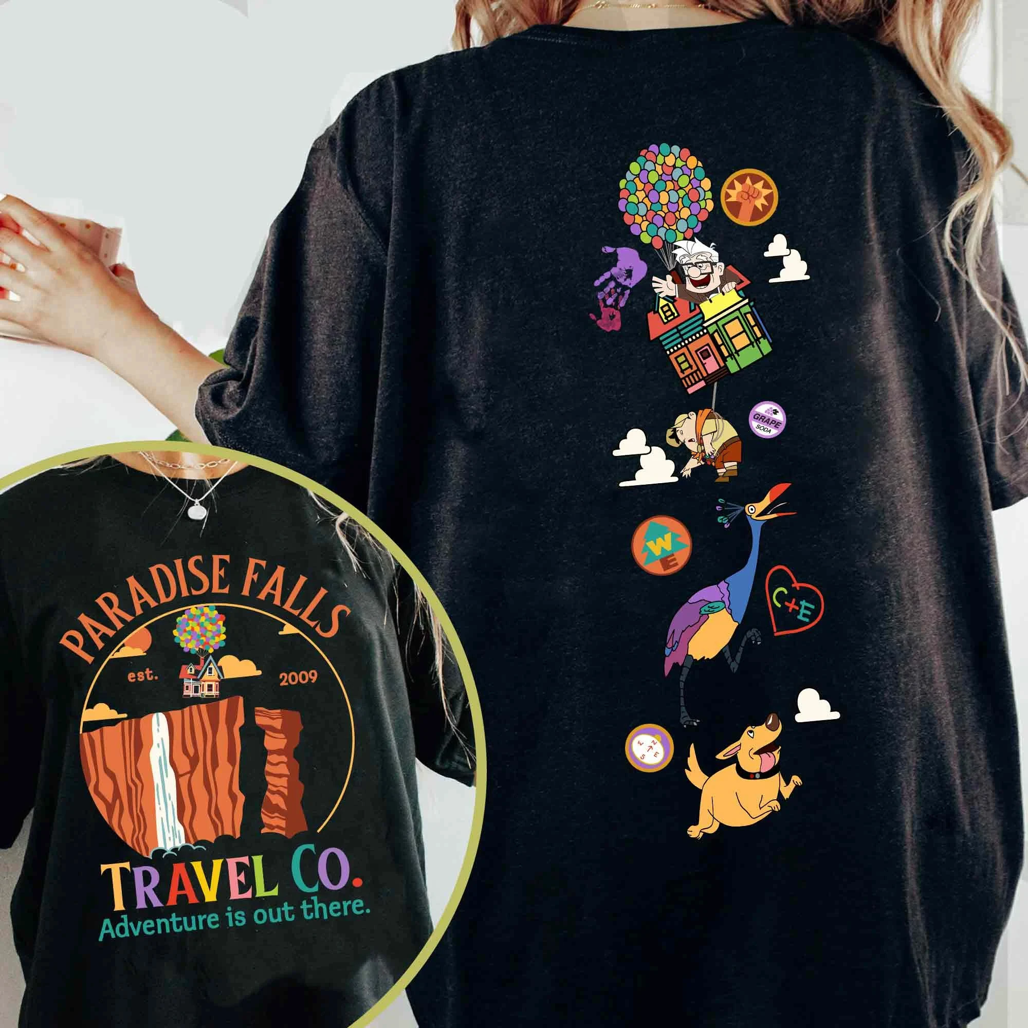 تي شيرت "Double Face Movie" Paradise Falls Vacation Trip 2009 بألوان مريحة، Carl Kevin Dugger Dog Russell، فستان عائلة ديزني #1