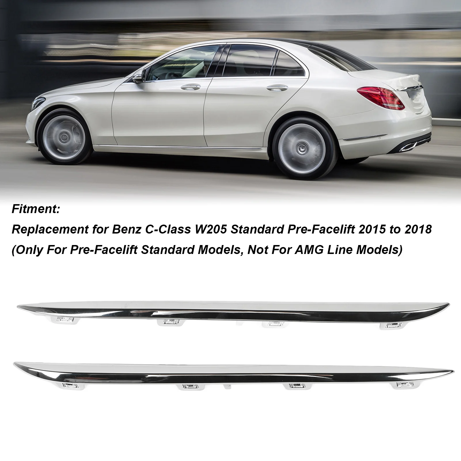 Rear Bumper Chrome Side Molding Trim Replacement for Benz C‑Class W205 Standard Pre‑Facelift 2015 to 2018 205 885 0521