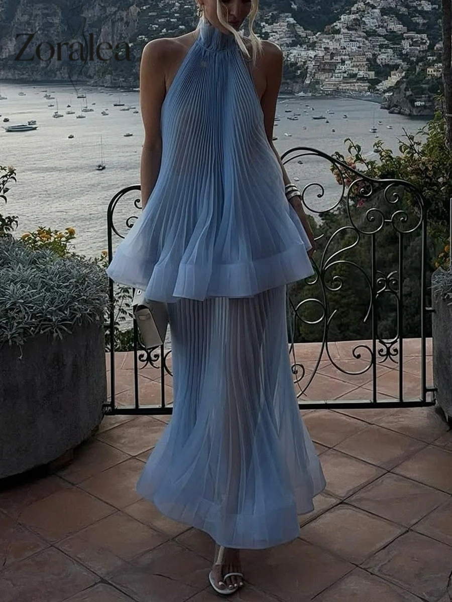

Zoralea Halter Neck Pleated Tiered Maxi Dress Women Multiple Colors Elegant Chiffon Party Gown for Wedding Guest Prom