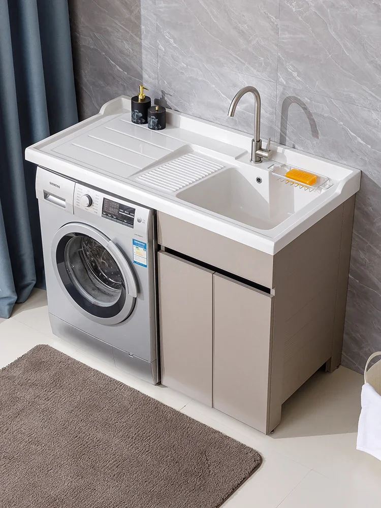 MJY custom washing machine integrated cabinet space aluminum quartz stone basin cabinet with washboard