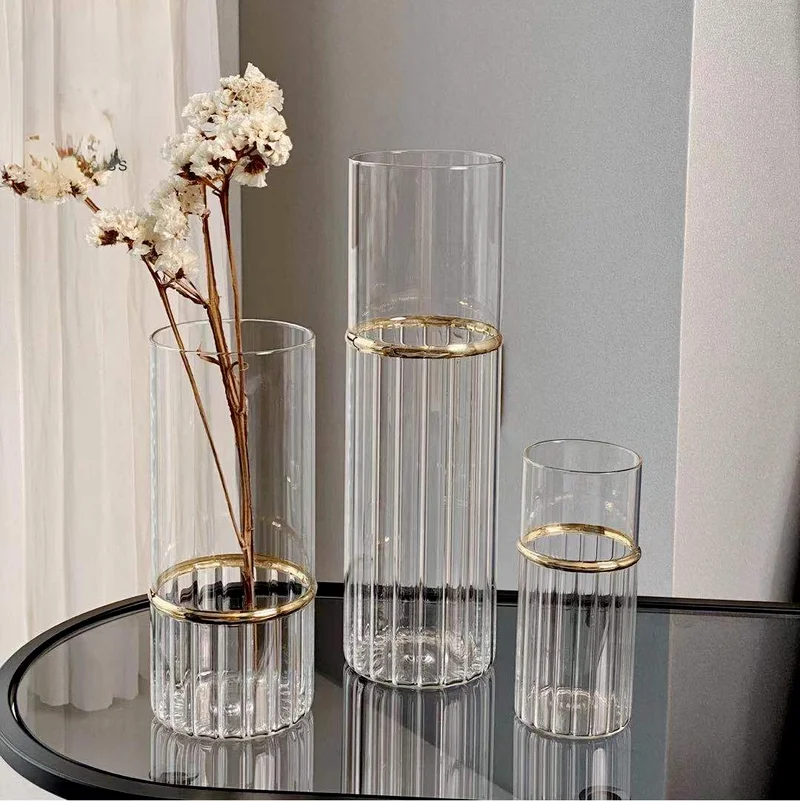 European Striped Glass Vase Bottle Simple Cylindrical Hydroponic Flower Arrangement Dining Table Living Room Decor