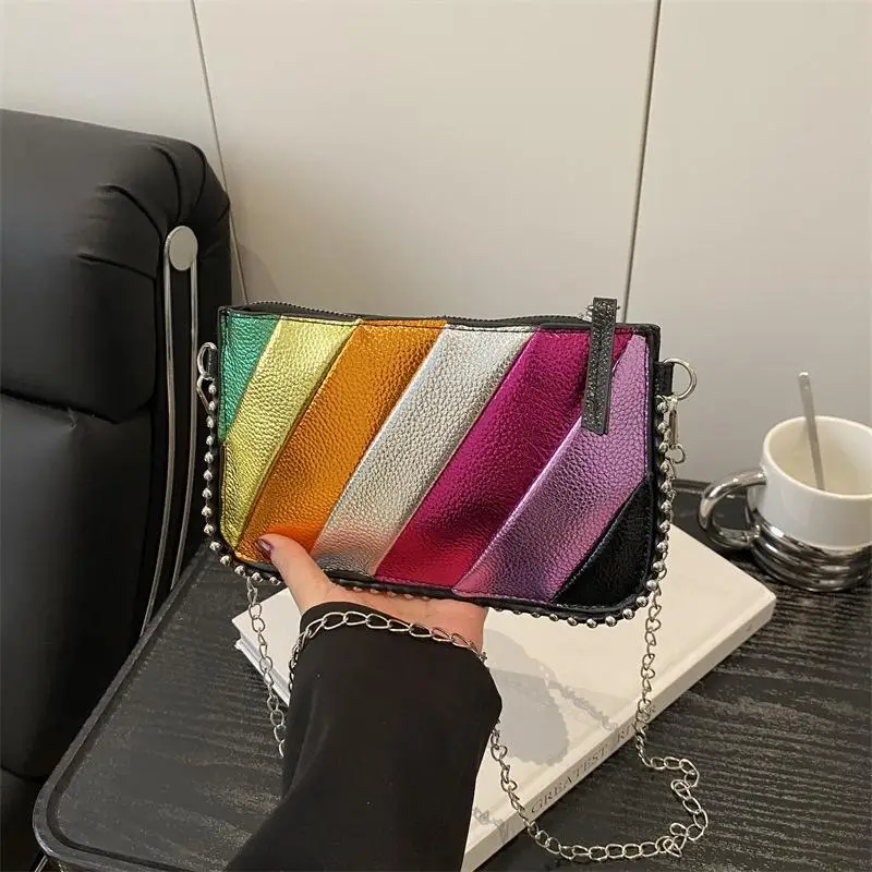 

Striped Rainbow Shoulder-Bag for Women - Lightweight Crossbody Bag w/ Phone Storage and Chain Strap