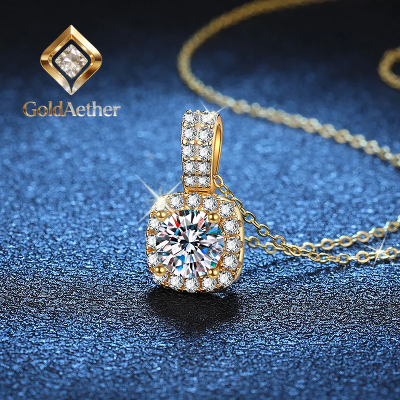 

GoldAether Luxury 100% Real 18k Gold Women's Diamond Pendant Necklace Square D Moissanite Necklace