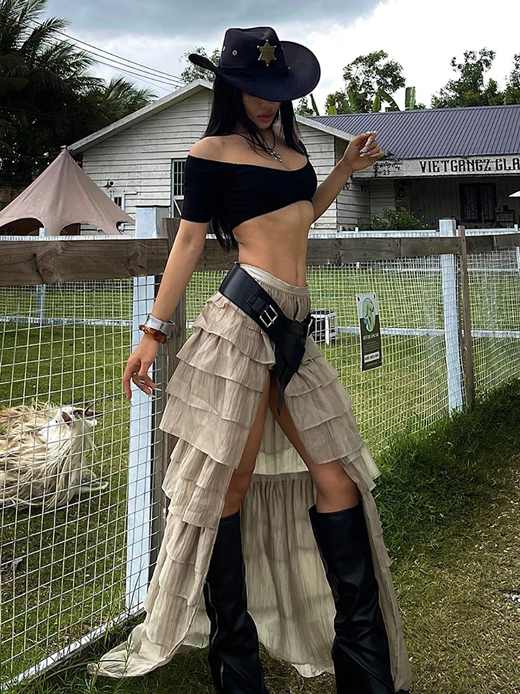 

Insglas Юбки с высоким разрезом Женские шикарные многоуровневые лоскутные узкие галстуки Сексуальная полуночная музыкальная фестивальная уличная мода Простые штаны