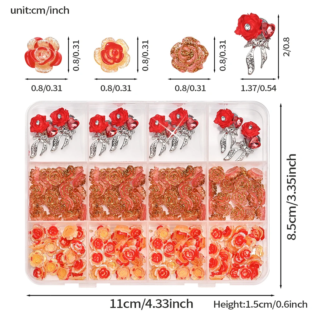 12 grades vintage glitter rosa flor encantos da arte do prego 3d luxo rosa coração bowknot liga acessórios do prego dia dos namorados prego dez